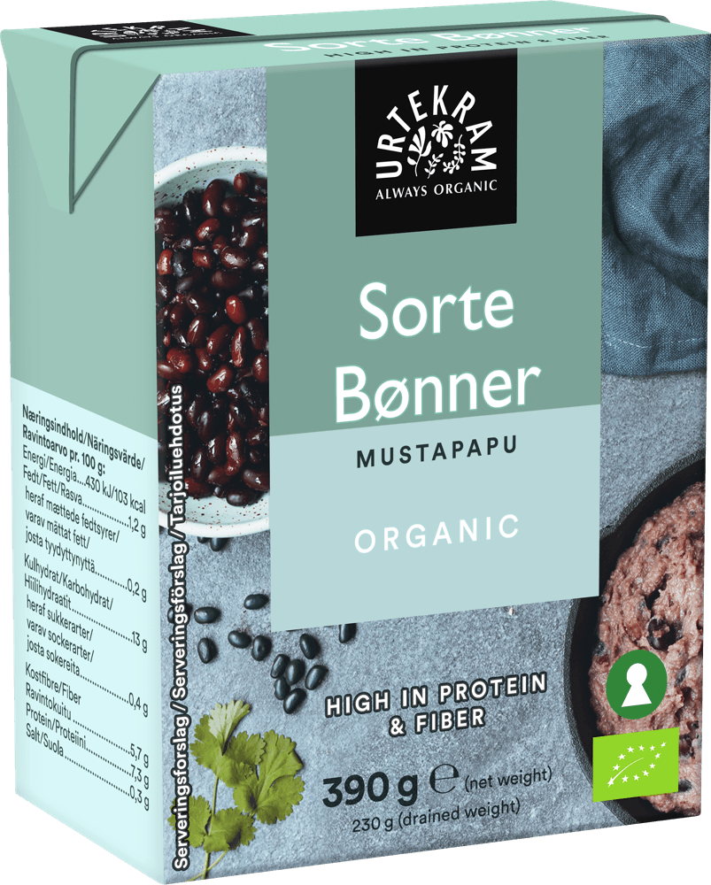 Urtekram Luomu Mustapavut, tuotepakkaus 390 g