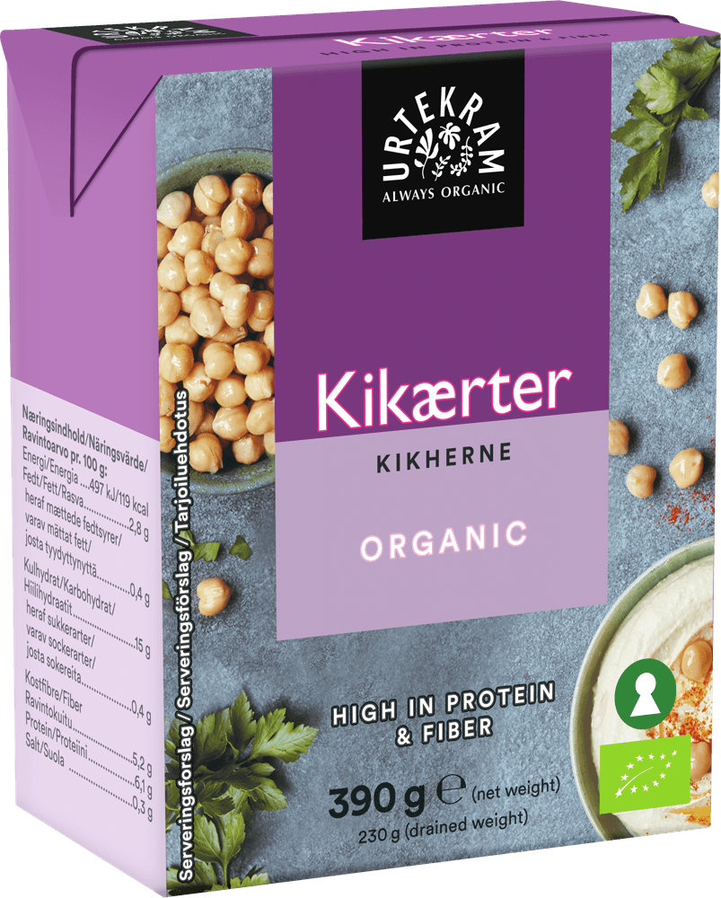 Urtekram Luomu Kikherneet, tuotepakkaus 390 g