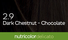 Biokap Nutricolor Delicato Kestoväri; lähikuva tummanruskeasta tukasta tekstillä 2.9 Dark Chestnut - Chocolate ja vihreä nauha alaosassa tekstillä nutricolor delicato, korostaen rikasta kastanjansävyä; tukka sileä ja kiiltävä täyttäen suurimman osan kuvasta; teksti selkeällä groteskikirjasimella valkoisena ja kultaisena, vihreässä nauhassa valkoinen pienaakkosteksti; ei käsiä tai ihmisiä, tausta neutraali, keskittyy tukkaan ja etikettiin.