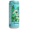 Coconaut Kookosvesi Hiilihapotettu: korkea tölkki tekstillä "COCO NAUT sparkling young coconut water", kuvitettu vedenalainen astronautti, merikasveja ja kuplia; sylinterimäinen muoto kiiltävällä pinnalla; pääväreinä sininen ja valkoinen monivärisin kuvituksin; groteskiteksti eri painoin; luettavissa teksti "Drink irresponsibly, Fly safe, Not from concentrate" sekä "coconut water"; valkoinen tausta, ei ihmisiä tai käsiä näkyvissä.