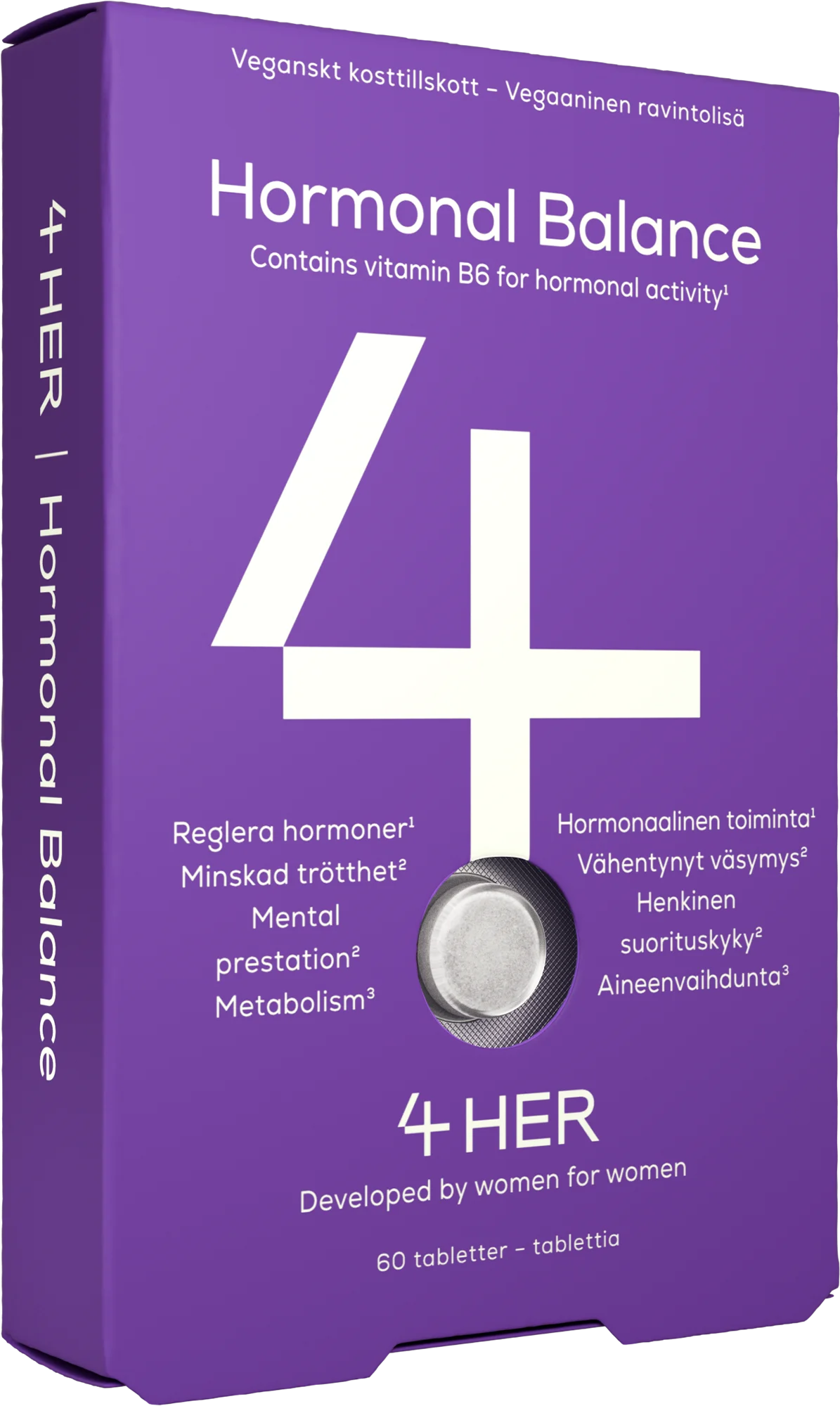 4HER Hormonal Balance: violetti rasia 4 HER Hormonal Balance -ravintolisää, tekstissä mainitaan B6-vitamiini hormonaalisen toiminnan ja hormonaalisen hyvinvoinnin tueksi, teksti ruotsiksi ja suomeksi; rasia sisältää 60 tablettia ja on naisten kehittämä naisille; pakkaus on mattapintainen kartonkia, suorakulmainen; groteskikirjasin hallitsee etikettiä; tuote kuvattu vaaleaa taustaa vasten studiokuvassa, ei ihmisiä tai käsiä näkyvissä.