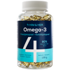 4HIM&HER Omega-3: läpinäkyvä pullo tekstillä "Omega-3" täynnä keltaisia kapseleita; sininen etiketti tekstillä "4 HIM & HER", korostaa 80 % rasvahappoja kalaöljystä, paino 139 g ja 120 kapselia; sylinterimäinen muovipullo kiiltäväpinnalla; valkoinen ja vaaleansininen groteskiteksti tummansinisellä pohjalla; ei ihmisiä tai käsiä näkyvissä, tuote keskitetty pystyasennossa vaaleaa taustaa vasten.