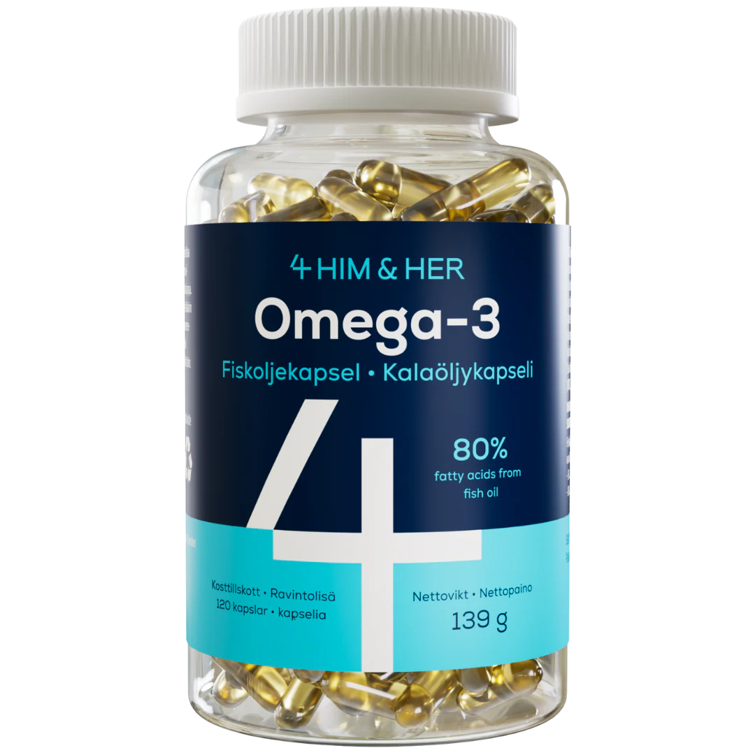 4HIM&HER Omega-3: läpinäkyvä pullo tekstillä "Omega-3" täynnä keltaisia kapseleita; sininen etiketti tekstillä "4 HIM & HER", korostaa 80 % rasvahappoja kalaöljystä, paino 139 g ja 120 kapselia; sylinterimäinen muovipullo kiiltäväpinnalla; valkoinen ja vaaleansininen groteskiteksti tummansinisellä pohjalla; ei ihmisiä tai käsiä näkyvissä, tuote keskitetty pystyasennossa vaaleaa taustaa vasten.