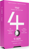 A pink rectangular box labeled “4 HER Hair dietary supplement” has a large white number 4, matte surface, and sans-serif typography. Text highlights rosemary, silica, zinc, copper; mentions vegan and “made by women for women.” Box states 60 tablets and lists zinc among essential minerals. Neutral background, no people or extra props shown. A pink box labeled 4 HER Hair dietary supplement features a large white number 4 and text highlighting rosemary, silica, zinc, and copper. The box states it’s vegan and