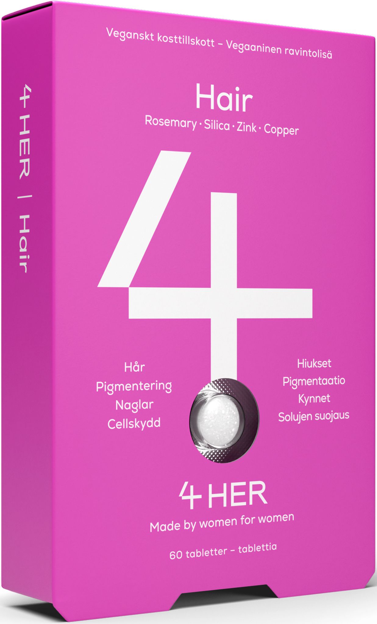 A pink rectangular box labeled “4 HER Hair dietary supplement” has a large white number 4, matte surface, and sans-serif typography. Text highlights rosemary, silica, zinc, copper; mentions vegan and “made by women for women.” Box states 60 tablets and lists zinc among essential minerals. Neutral background, no people or extra props shown. A pink box labeled 4 HER Hair dietary supplement features a large white number 4 and text highlighting rosemary, silica, zinc, and copper. The box states it’s vegan and