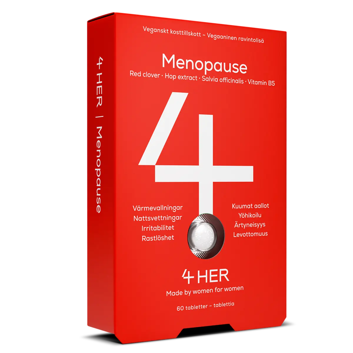 4HER Menopause; punainen suorakulmainen laatikko tekstillä "4 HER Menopause", sisältää 60 tablettia; pakkaus mattapinnalla näyttää nimen, mainitsee ainesosia kuten puna-apilan ja B5-vitamiinin, listaa oireita, joihin tuote voi auttaa, ja sisältää lauseen "Made by women for women"; valkoinen sans-serif-fontti käytössä suurimmassa osassa tekstiä; tuote kuvattu vaaleaa taustaa vasten, ei ihmisiä tai käsiä näkyvissä.