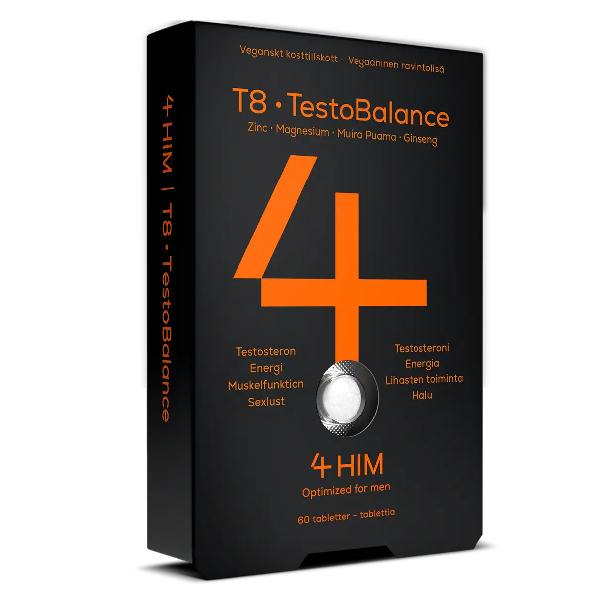 4HIM T8 TestoBalance; musta pakkaus T8 TestoBalance 4HIM -ravintolisää, oranssia tekstiä listaamassa ainesosia kuten sinkki, magnesium, muira puama ja ginseng, korostaen testosteronia tukevaa kaavaa miehille, sisältää 60 tablettia; suorakaiteen muotoinen pakkaus mattapinnalla ja lohkomaista groteskitypografiaa oranssina ja valkoisena etuosassa; ei ihmisiä tai käsiä; valkoinen tausta, studiotuotekuva.
