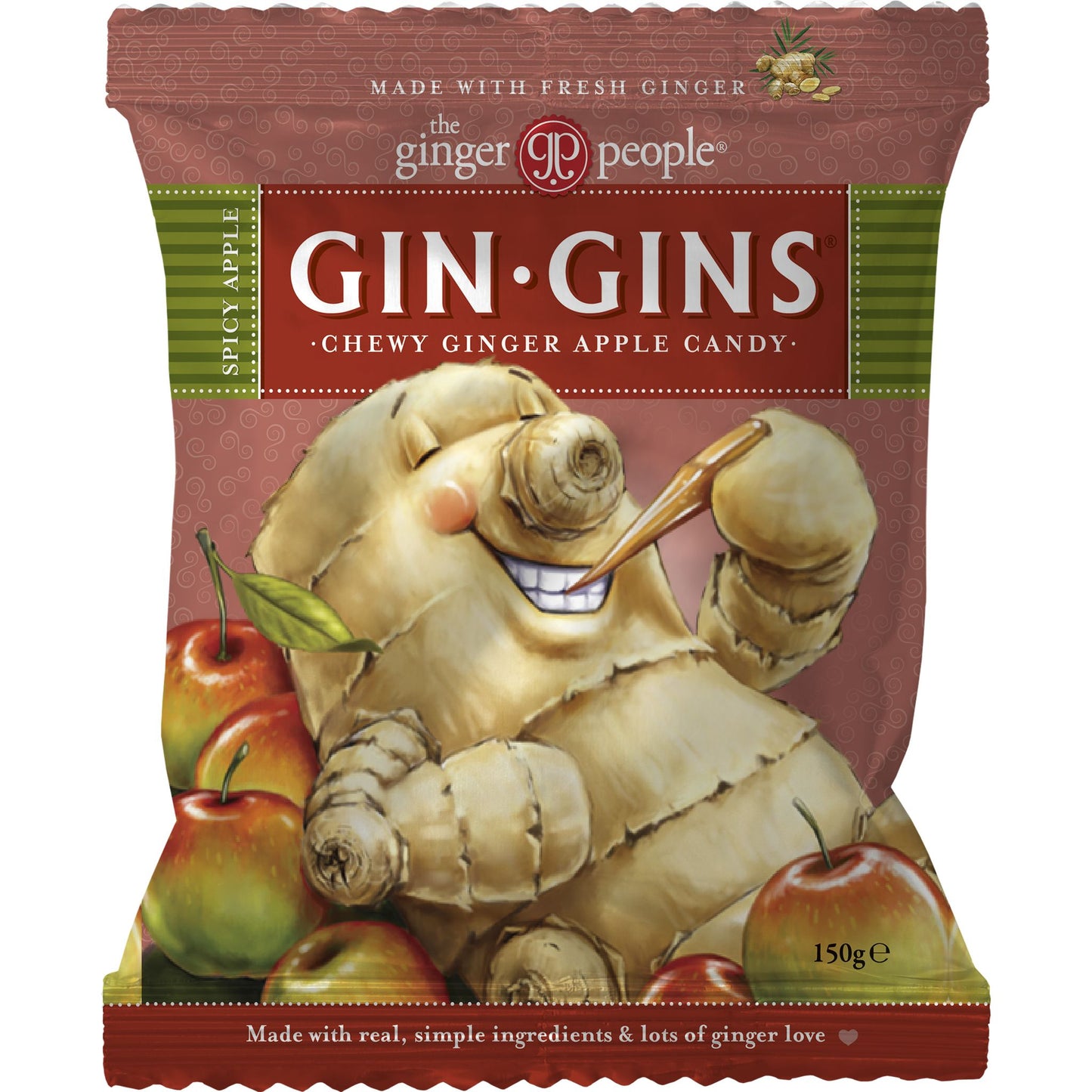 The Ginger People Gin Gins Chewy Ginger Apple; pussi Gin Gins-inkivääri-omenakaramelleja, kuvituksena hymyilevä inkiväärijuurihahmo kepin kanssa tuoreiden omenoiden ympäröimänä eloisalla punaruskealla taustalla; pussi suorakulmainen ja kiiltäväpintainen keskeisin kuvitusaihein; lihavoitu valkoinen groteskiteksti; suoraan edestä kuvattu tasaisessa valaistuksessa, ei ihmisiä kuvassa.