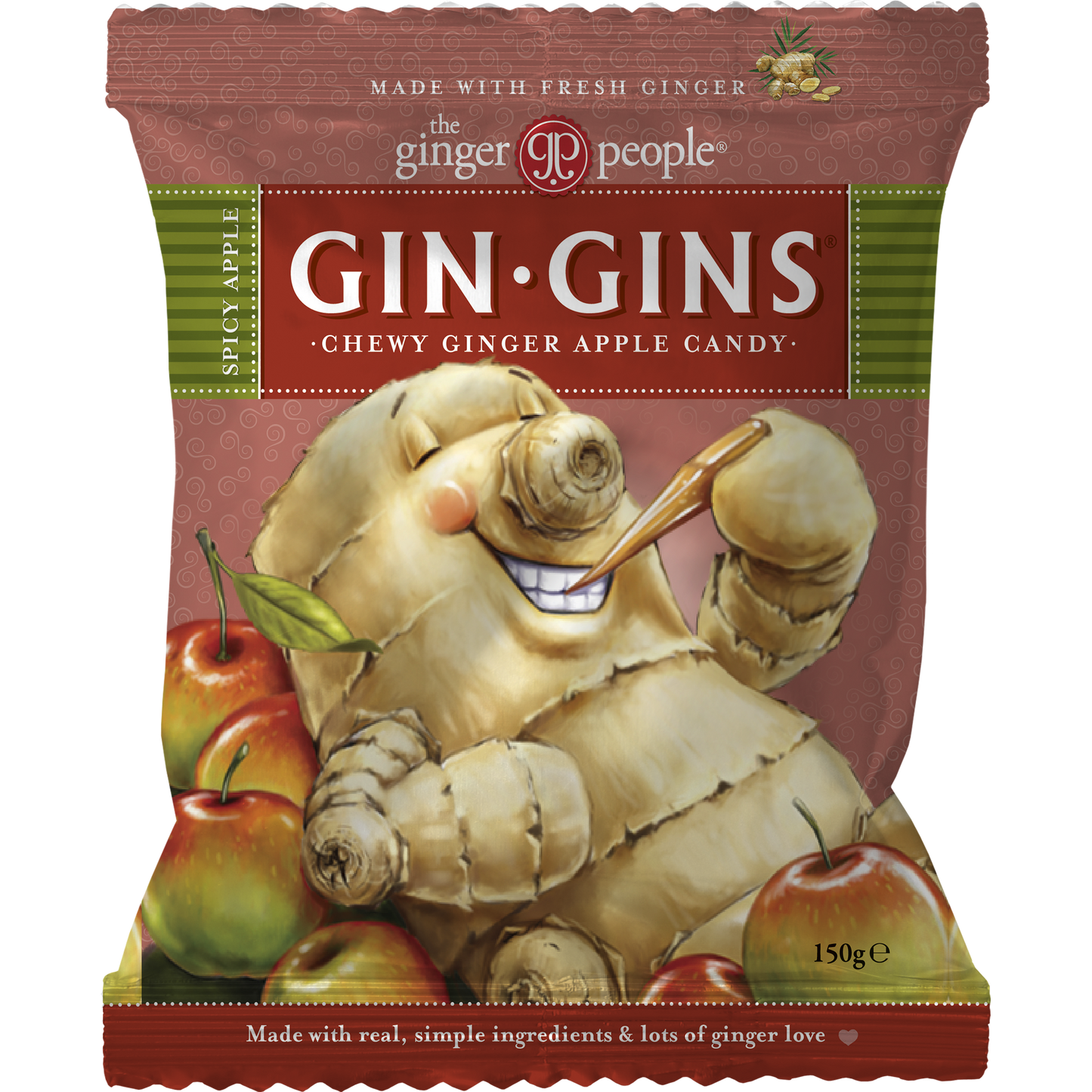 Pussi Gin Gins-inkiväärikaramelleja omenan makuisena, jossa on sarjakuvamainen inkiväärijuurihahmo kepin kanssa, omenoiden ympäröimänä ruskealla ja vihreällä taustalla. Taipuisa pussi on kiiltäväpintainen, pääosin ruskea ja vihreä keltaisin yksityiskohdin. Pääteksti on lihavoitua valkoista pääteviivatonta fonttia. Kuvassa näkyy vain pystyssä seisovan pakkauksen suljettu etuosa pelkistettyä taustaa vasten.