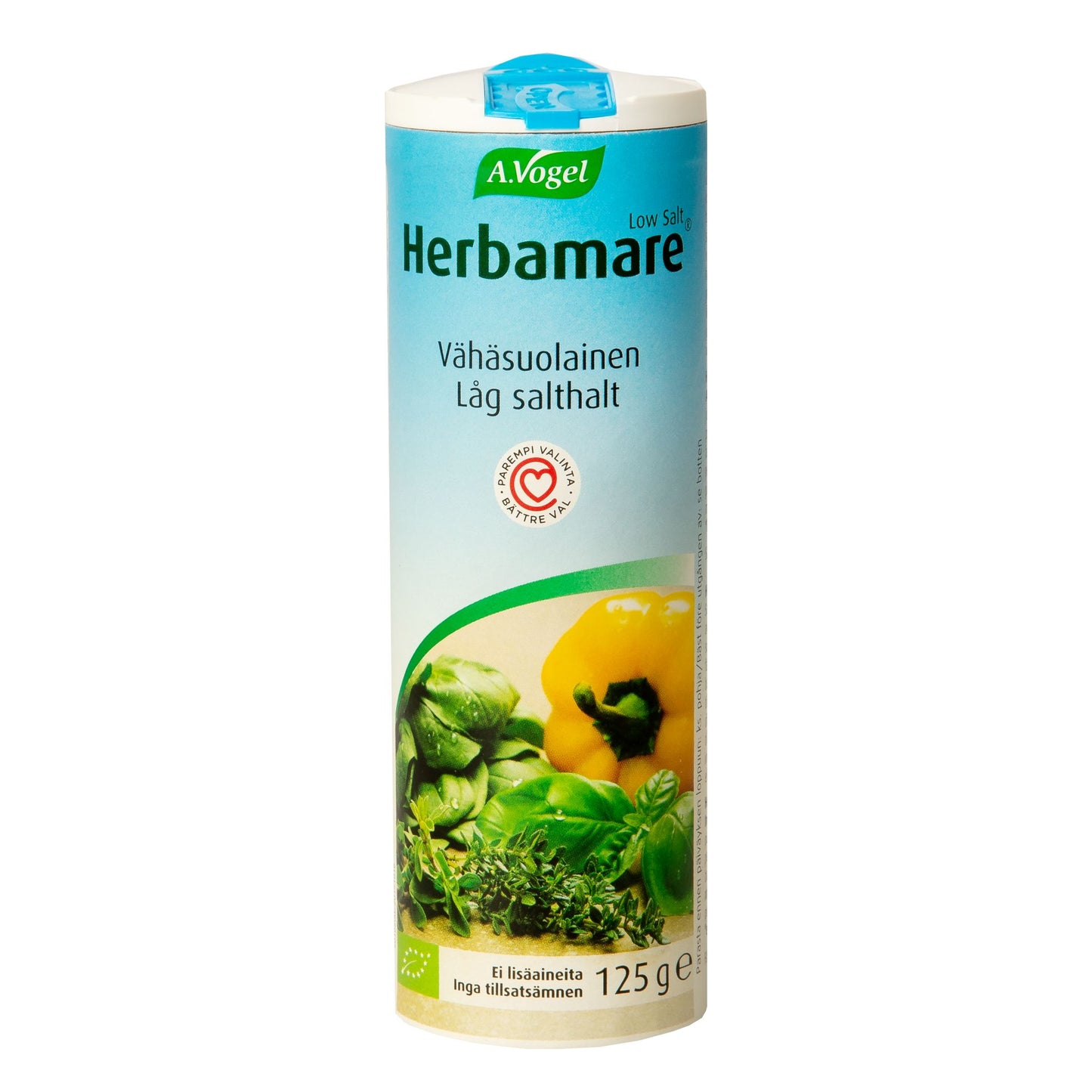 A.Vogel Herbamare Luomu Low Salt -purkki, 125 g, kuvia tuoreista yrteistä ja keltaisesta paprikasta; sylinterinmuotoinen kiiltäväpintainen pakkaus, pääosin valkoinen vihrein ja sinisin korostein, lihavoitu groteskiteksti