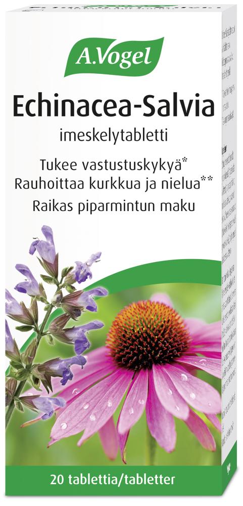 A.Vogel Echinacea-Salvia -imeskelytabletit valkoisessa, vihreillä yksityiskohdilla varustetussa suorakaiteen muotoisessa pakkauksessa; pinta mattaa; etiketissä valokuvamaisia kuvia auringonhatusta ja salviankukista sekä lihavoitua groteskifonttia; suomenkielinen teksti kertoo immuunipuolustuksen tuesta ja raikkaasta piparminttumausta kurkulle; kuva läheltä yksiväristä taustaa vasten, ei ihmisiä eikä käsiä.