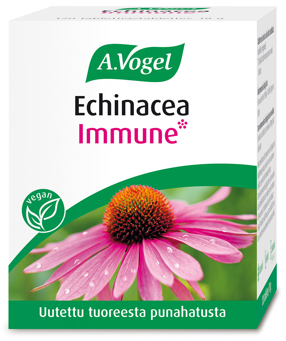A.Vogel Echinacea Immune; vegaanisten ravintolisien pakkaus, kuvassa elinvoimainen pinkki punahattukukka vesipisaroineen ja vihreine lehtineen, kaksikielinen suomenkielinen teksti; suorakulmainen pahvilaatikko mattapinnalla, tuotenimi lihavoidulla groteskikirjasimella; valkoinen tausta, ei ihmisiä tai käsiä näkyvissä.