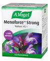 A.Vogel Menoforce Strong -pakkaus, salviauute yli 45-vuotiaille naisille; suorakaiteen muotoinen mattapintainen rasia, violetti kukka ja vihreä teksti valkoisella-vihreällä pohjalla, realistinen kukkakuvitus etupaneelin keskellä