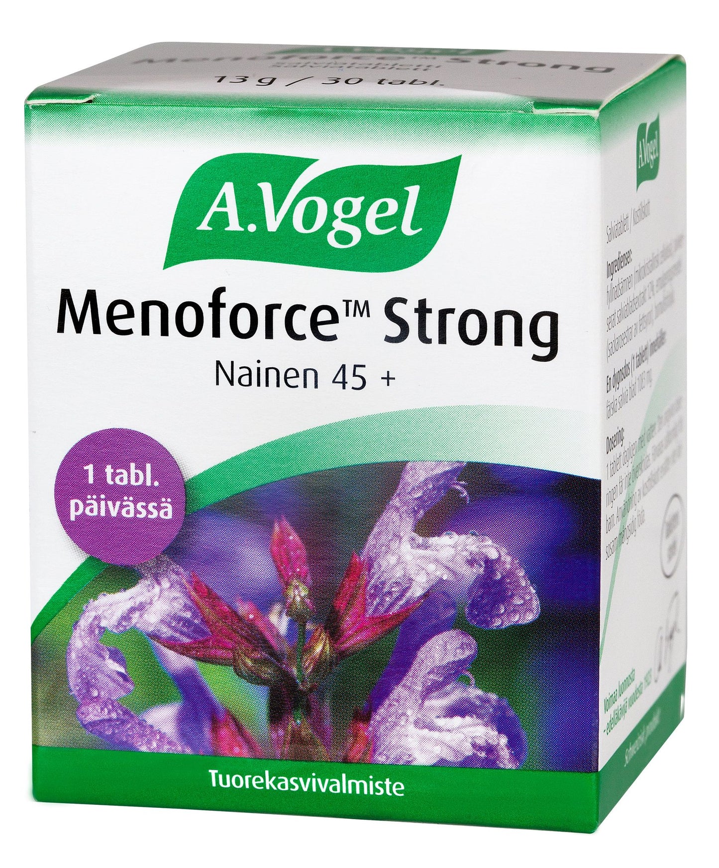 A.Vogel Menoforce Strong -pakkaus, salviauute yli 45-vuotiaille naisille; suorakaiteen muotoinen mattapintainen rasia, violetti kukka ja vihreä teksti valkoisella-vihreällä pohjalla, realistinen kukkakuvitus etupaneelin keskellä