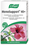 A.Vogel MenoSupport 40+ -tabletit suorakaiteen muotoisessa kartonkipakkauksessa; pinta mattaa, väreinä valkoinen, vaaleanpunainen ja vihreä; etiketissä vaaleanpunainen kämmekänkukka (hibiskus) ja vihreitä lehtiä; tuote on vegaaninen, teksti suomeksi ja ruotsiksi antiikva- ja groteskifontein; kuva suoraan edestä valkoisella taustalla, ei rekvisiittaa eikä ihmisiä.