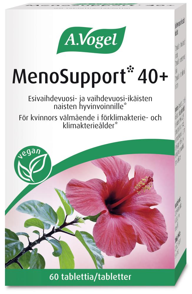 A.Vogel MenoSupport 40+ -tabletit suorakaiteen muotoisessa kartonkipakkauksessa; pinta mattaa, väreinä valkoinen, vaaleanpunainen ja vihreä; etiketissä vaaleanpunainen kämmekänkukka (hibiskus) ja vihreitä lehtiä; tuote on vegaaninen, teksti suomeksi ja ruotsiksi antiikva- ja groteskifontein; kuva suoraan edestä valkoisella taustalla, ei rekvisiittaa eikä ihmisiä.