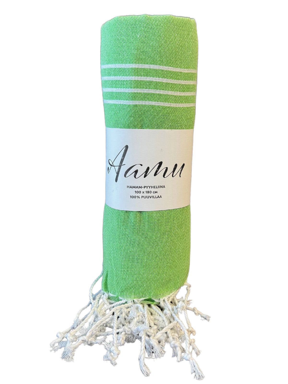 A green towel with white stripes, rolled up and secured with a white label reading “Aanu.” The towel is made of fabric with soft, white fringed ends. Matte surface finish. No packaging aside from the label. Bold, sans-serif font on the label. Shot on a plain background, no people or hands visible.