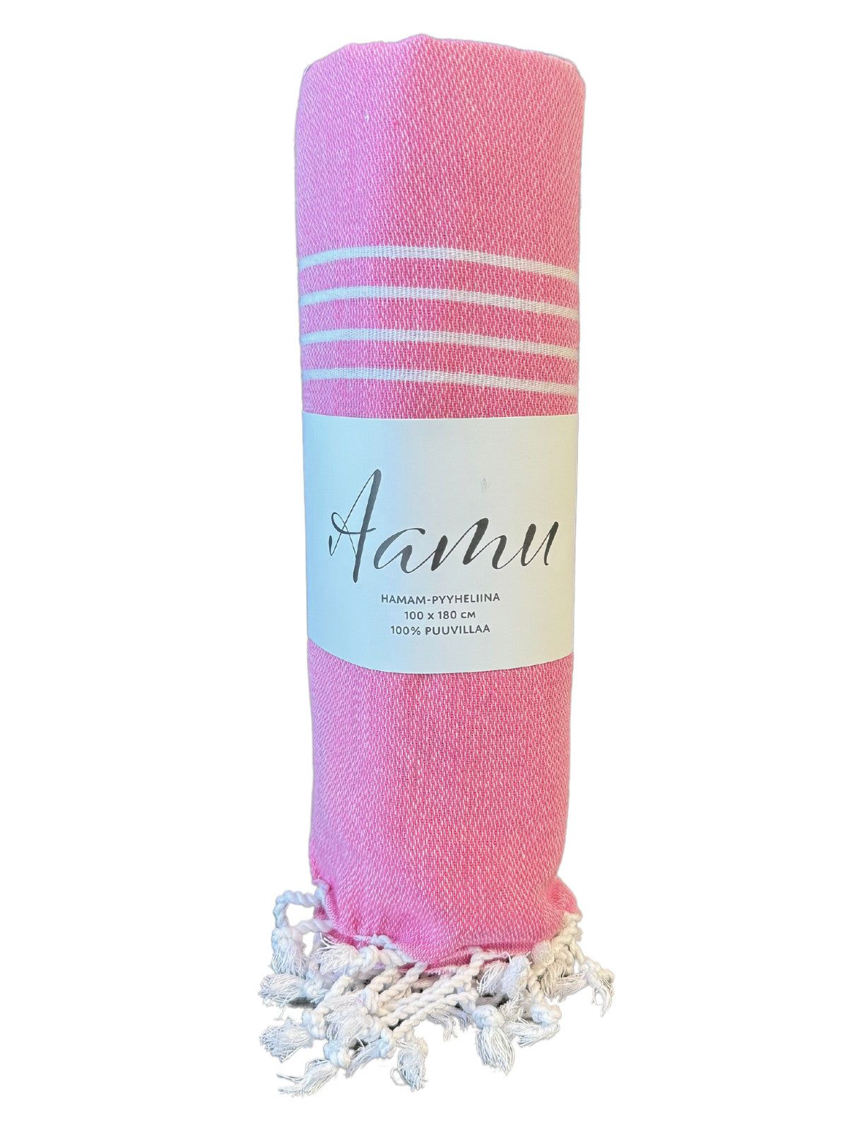 A rolled pink towel with white fringe and horizontal white stripes near the top, wrapped with a paper band labeled “Aamu” in a simple sans-serif font. The towel is cylindrical and matte-textured. Set against a plain background, no people or hands are visible. Medium-close product shot.