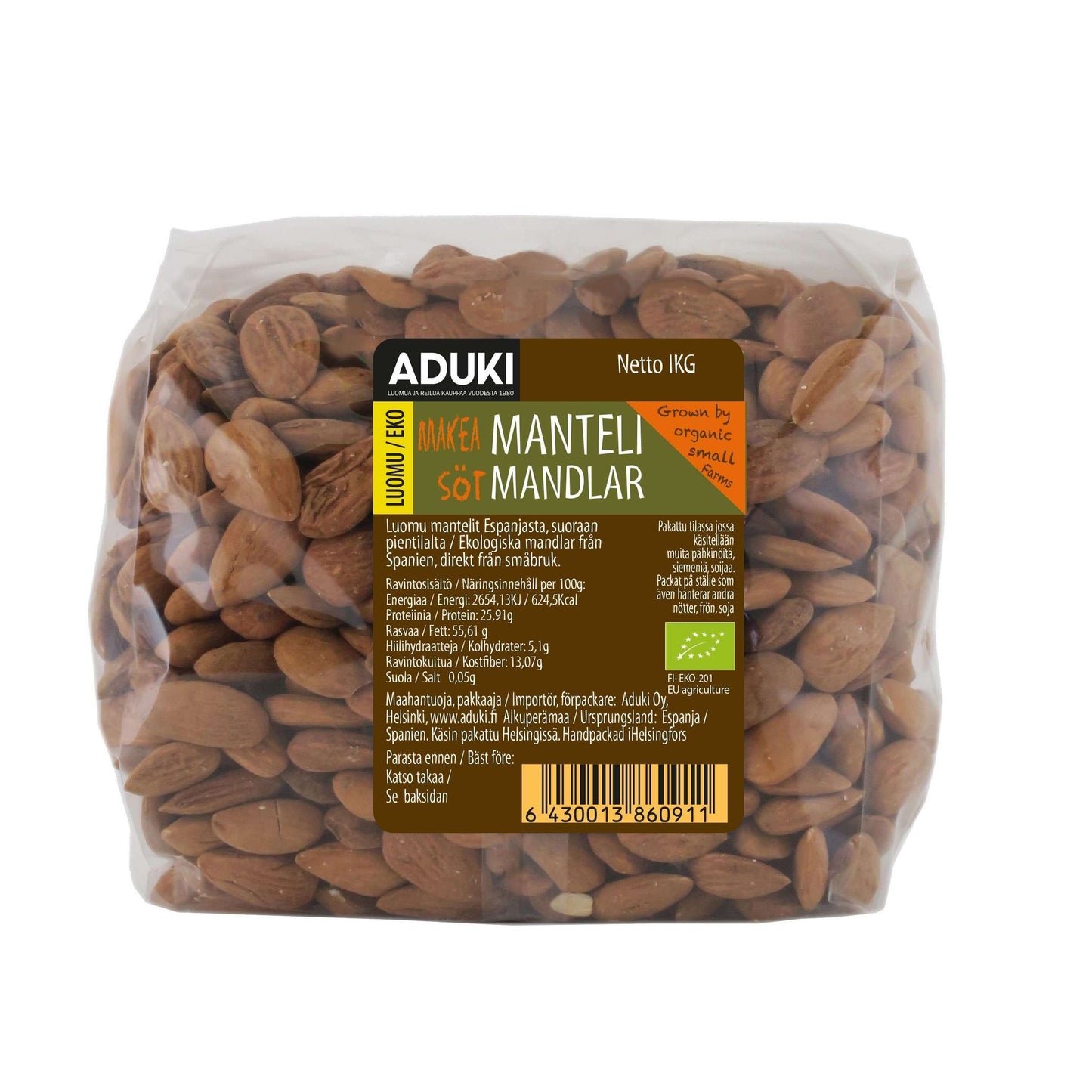 Aduki Luomu Manteli -pussi, kirkas muovi, ruskea-keltainen mattaetiketti suomenkielisellä tekstillä, viivakoodi; 1 kg, suorakulmainen pyöristetyin kulmin