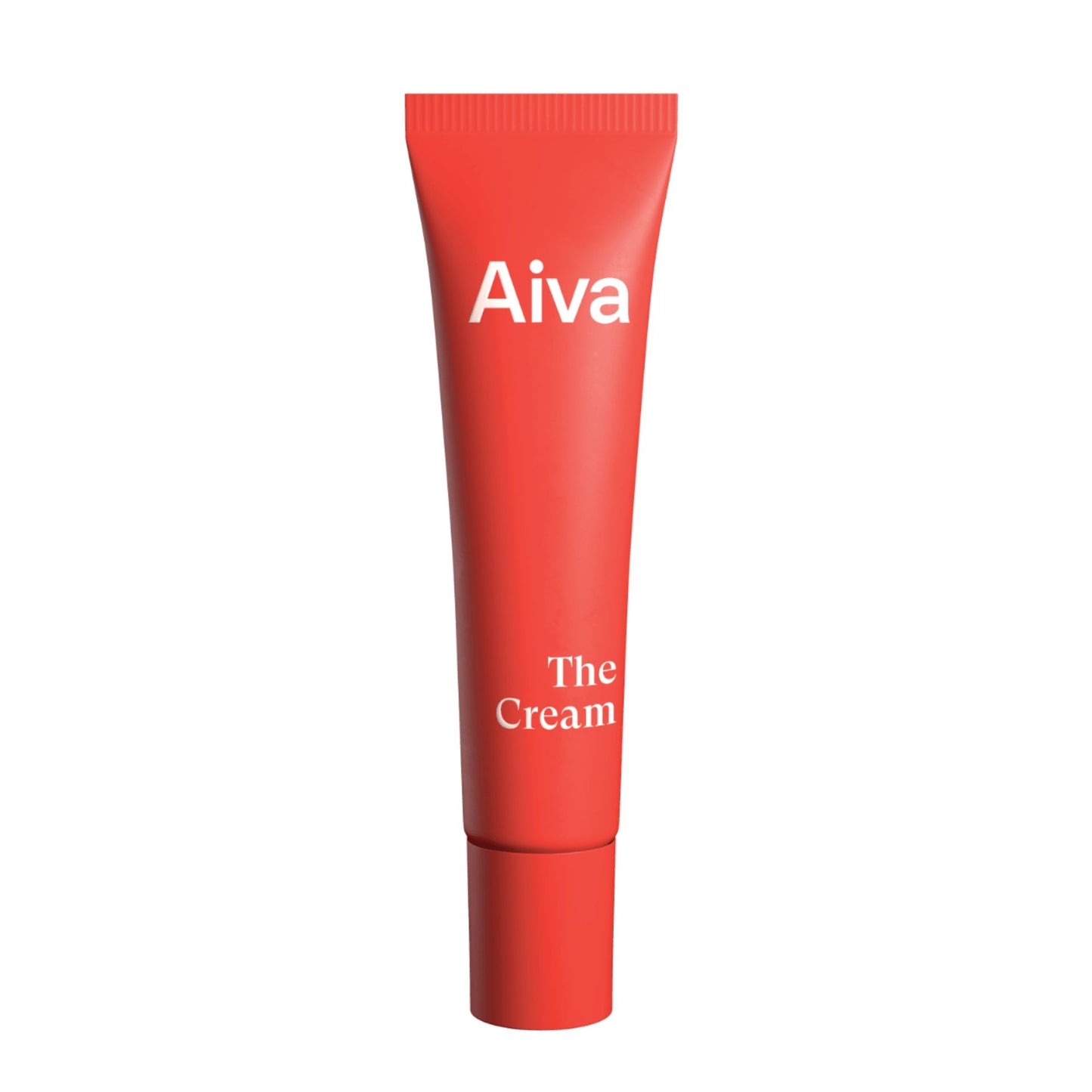 A red, upright tube with a matte finish shows the word “Aiva” at the top and “The Cream” near the bottom in clear, sans-serif type. The cap is not visible. Tube is photographed against a plain white background. No people or hands are present. A red tube labeled Aiva at the top and The Cream near the bottom, containing a rich moisturizer, stands upright against a plain white background.