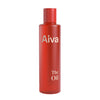 A vibrant red bottle labeled Aiva at the top and The Oil at the bottom stands upright against a plain white background, highlighting its distinctive packaging. The bottle is cylindrical with a glossy finish, no visible cap texture, and features simple sans-serif typography. No people or actions are present in the image.