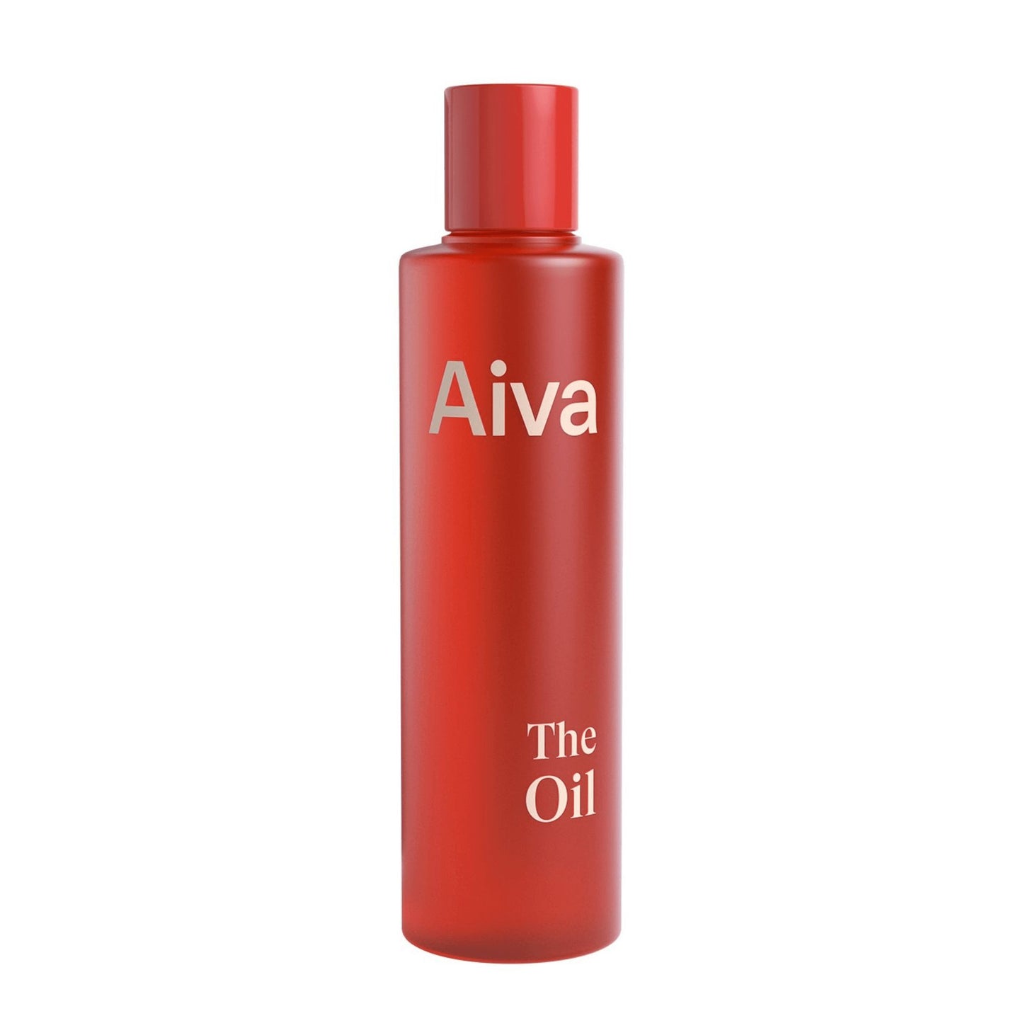 A vibrant red bottle labeled Aiva at the top and The Oil at the bottom stands upright against a plain white background, highlighting its distinctive packaging. The bottle is cylindrical with a glossy finish, no visible cap texture, and features simple sans-serif typography. No people or actions are present in the image.