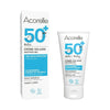 Acorelle Baby Aurinkovoide SPF 50+: valkoinen suorakulmainen rasia sekä yhteensopiva puristustuubi Bébé SPF 50+ -sertifioidulle luomuaurinkovoiteelle, molemmat mattapintaisia ja pystyasennossa rinnakkain; pakkauksessa kaksikielinen ranskan- ja englanninkielinen teksti, mukaan lukien "SPF 50+" ja ikätiedot groteskikirjasimella; neutraali tausta, ei ihmisiä tai rekvisiittaa näkyvissä.