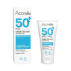 Acorelle Baby Aurinkovoide SPF 50+: valkoinen suorakulmainen rasia sekä yhteensopiva puristustuubi Bébé SPF 50+ -sertifioidulle luomuaurinkovoiteelle, molemmat mattapintaisia ja pystyasennossa rinnakkain; pakkauksessa kaksikielinen ranskan- ja englanninkielinen teksti, mukaan lukien "SPF 50+" ja ikätiedot groteskikirjasimella; neutraali tausta, ei ihmisiä tai rekvisiittaa näkyvissä.