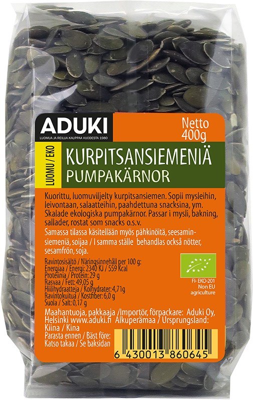 Aduki Luomu Kurpitsansiemen 400 g, läpinäkyvä pussi kuorittuja tummanvihreitä siemeniä