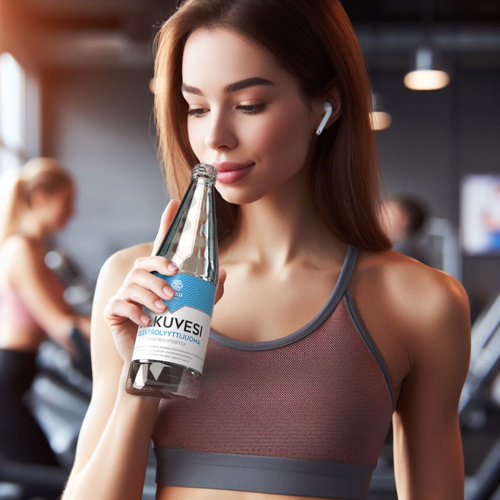 A woman in fitness attire holds a bottle of water at the gym, wearing wireless earbuds, with people working out in the blurred background. The plastic water bottle is clear with a cylindrical shape and has a screw-on lid. No visible label text on the bottle. Background shows gym equipment and exercise mats out of focus.