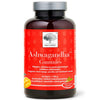 Ashwagandha Gummies; New Nordic Ashwagandha -purukumipurkki mango-, persikka- ja marjamakuina; pakkaus läpinäkyvä muovipullo punaisella kierrekorkilla ja kiiltoisella punaisella etiketillä; suorakulmaisessa etiketissä värillisiä hedelmäkuvia ja luettavaa tekstiiä suomeksi ja ruotsiksi; kirjasin yksinkertainen groteski valkoisella ja mustalla; valkoinen tausta, ei ihmisiä tai muita esineitä.