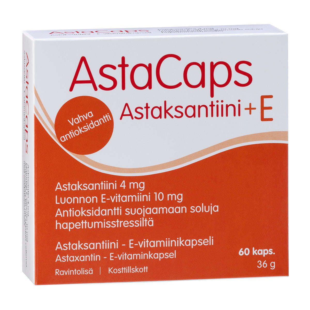 AstaCaps Astaksantiini + E -ravintolisän pakkaus, oranssi-valkoinen suorakaiteen muotoinen rasia, 60 kapselia, annostustiedot suomeksi