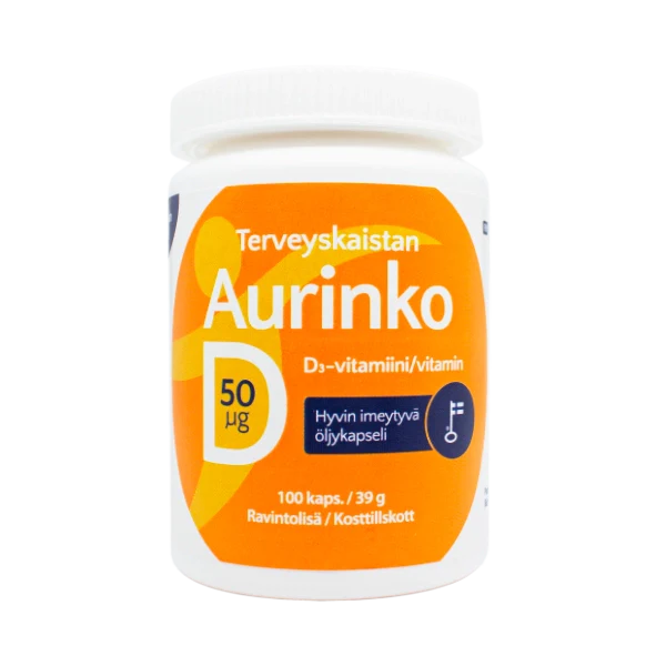 Valkoinen muovipurkki Terveyskaistan Aurinko D3-vitamiinia oranssilla etiketillä, annostus 50 µg ja 100 kapselia korkealaatuista D3-vitamiinia. Purkki on lieriömäinen, mattapintainen ja siinä on valkoinen kierrekorkki. Etikettitypografia on lihavoitua pääteviivatonta mustaa ja valkoista. Tuote on kuvattu yksinään vaalealla taustalla suoraviivaisessa tuotekuvassa. Ihmisiä tai käsiä ei näy.