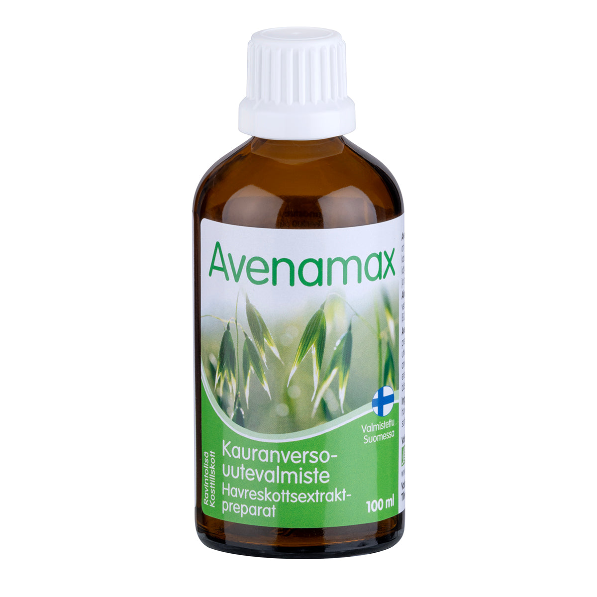 Avenamax; ruskea 100 ml:n pullo tekstillä ”Avenamax” ja valkoinen muovinen kierrekorkki; pinta sileä ja kiiltävä; suorakaiteen muotoinen vihreä etiketti kiertää pullon ympäri ja sisältää värikuvia kauravarsista, suomen- ja ruotsinkielistä painettua tekstiä sekä pienen Suomen lipun kuvan; kuvassa vain tuote tasaisella valkoisella taustalla suoraan edestä.