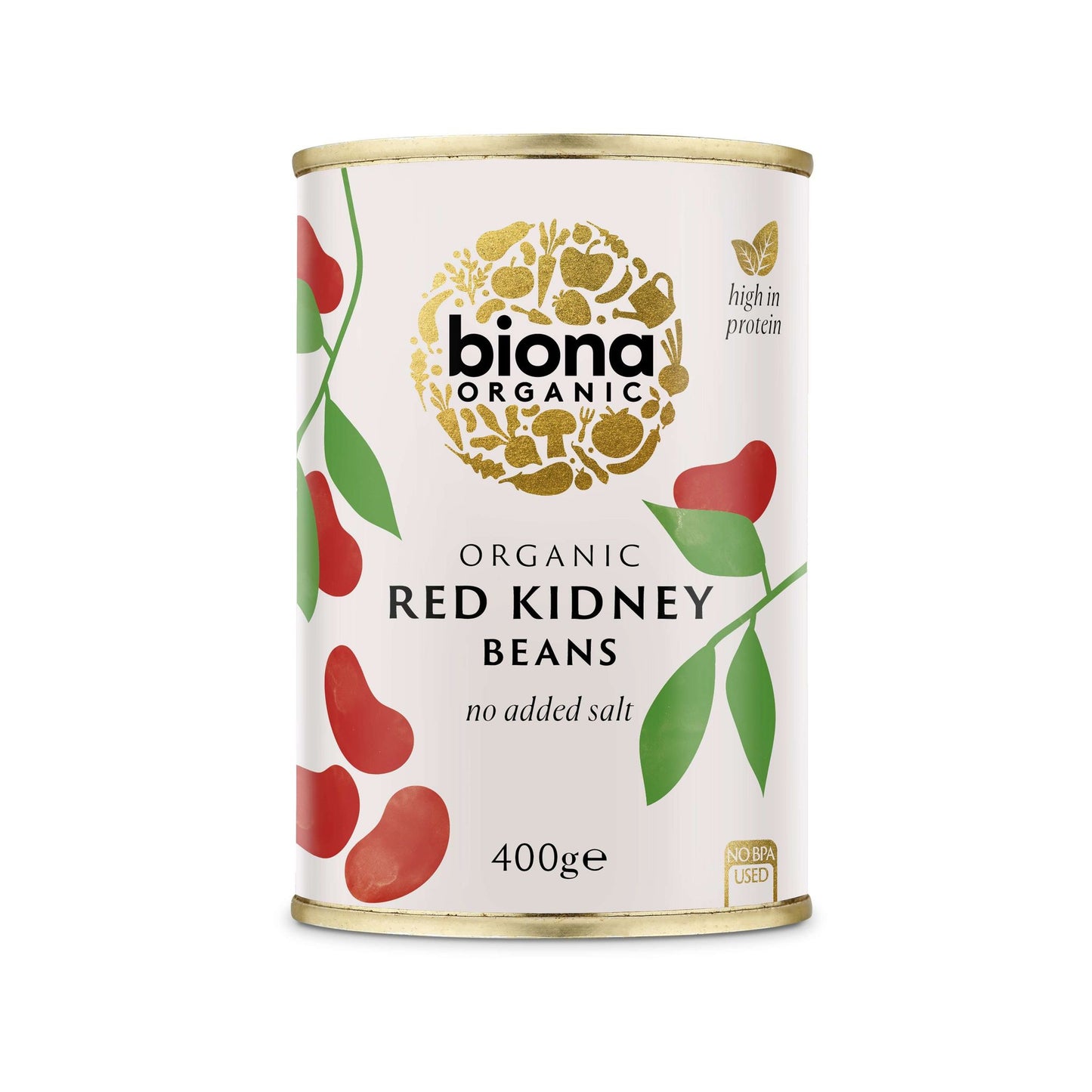 Biona Organic Red Kidney Beans, 400 g, ilman lisättyä suolaa; valkoisella pohjalla punaisia papuja ja lehtiä esittäviä kuvituksia sekä kultaista designelementtiä; korostettu luomuainesosista; lieriömäinen, mattapintainen tölkki; mustaa ja kultaista groteskitekstiä tuotenimelle ja tiedoille; kuvattu vaalealla taustalla, ei ihmisiä tai muita esineitä.