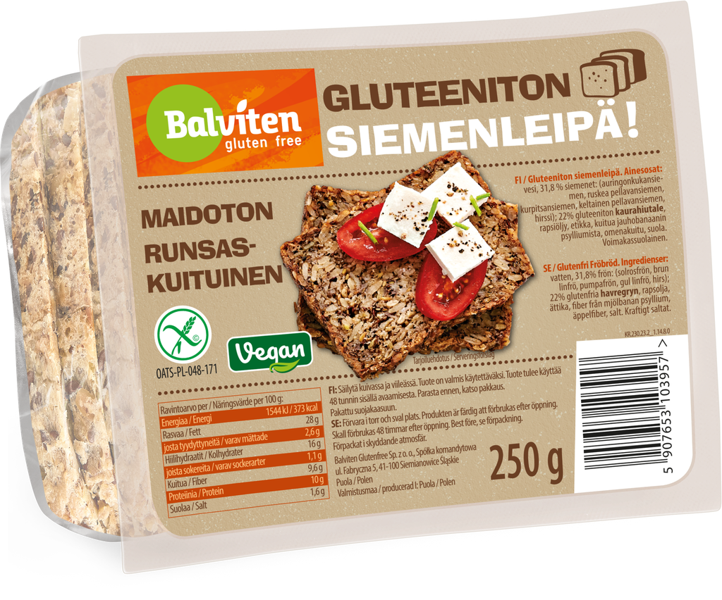 Pakkaus Balvitenin gluteenitonta siemenleipää, merkitty Gluteeniton Siemenleipä!, jossa on kaksi viipaletta tomaatilla ja fetalla päällystettynä. Merkitty myös vegaaniksi, runsaskuituiseksi, maidottomaksi ja 250 g:ksi. Suorakulmainen muovipakkaus läpinäkyvällä osalla, joka näyttää leivän sisällä; etuetiketissä on lihavoitua pääteviivatonta typografiaa valkoisena ja vihreänä keltaisella pohjalla. Ihmisiä tai käsiä ei näy; tausta on valkoinen. Suoraan edestä otettu tuotekuva.