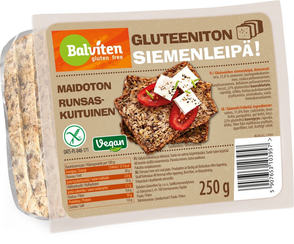Balviten Gluteeniton Siemenleipä; pakkaus Balviten-gluteenitonta siemenleipää, merkitty Gluteeniton Siemenleipä!, kuvassa kaksi leipäviipaletta tomaatin ja fetan kera; merkitty myös vegaaniseksi, kuitupitoiseksi, maidottomaksi ja 250 g:n painoiseksi; suorakulmainen muovipakkaus, jossa kirkas osa näyttää leivän sisällä; etupuolen etiketti käyttää lihavaa groteskitypografiaa valkoisena ja vihreänä keltaisella pohjalla; ei ihmisiä tai käsiä näkyvissä; valkoinen tausta, suoraan edestä kuvattu tuotekuva.