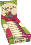 A display box of BareBar berry mix fruit and nut bars, labeled gluten free and additive free. The packaging is matte with a rectangular shape, showing illustrated berries and nuts in red, purple, and brown colors. Block sans-serif typography is used for brand name and label text. “Made in Finland” is printed on the front. Plain background with no people or hands present.