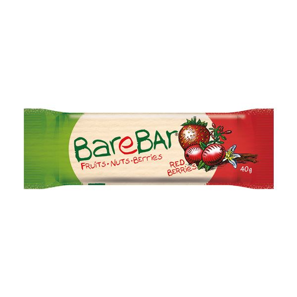 A BareBar snack bar in red, green, and beige packaging labeled Fruits, Nuts, Berries Red Berries, with images of strawberries and other red berries. Wrapper is rectangular with a matte finish and sealed ends. The product name text is bold sans-serif in white. Weight “40g” is printed on the front. The bar rests on a plain surface. No people or hands are present in the shot.