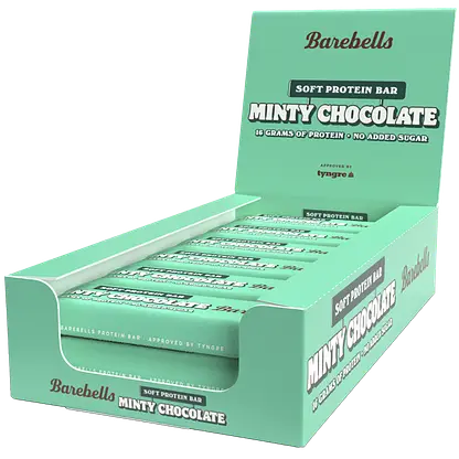 A box of Barebells Minty Chocolate soft protein bars, with several mint-green bars displayed inside. Rectangular cardboard box with a glossy finish; front panel open to expose individually wrapped, rectangular bars. Main colors are mint green and brown. Sans-serif font in white and brown print reads “Barebells Minty Chocolate.” Additional label text includes “16 grams of protein” and “no added sugar.” The box is photographed on a plain white background in a studio shot. No people or hands are present in