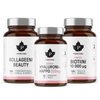 Puhdistamo Beauty Box; kolme Puhdistamo-ravintolisäpulloa — Kollageeni Beauty, Vahva Hyaluroni-Happo 200mg ja Vahva Biotiini 10 000 μg — esillä rinnakkain valkoisin etikettein ja tummanruskein kansin; lieriömäiset pullot läpinäkymätöntä materiaalia mattapinnalla; etiketeissä tuotenimet selkeällä groteskifontilla; tausta yksinkertainen ja siisti; ei ihmisiä tai käsiä kuvassa.