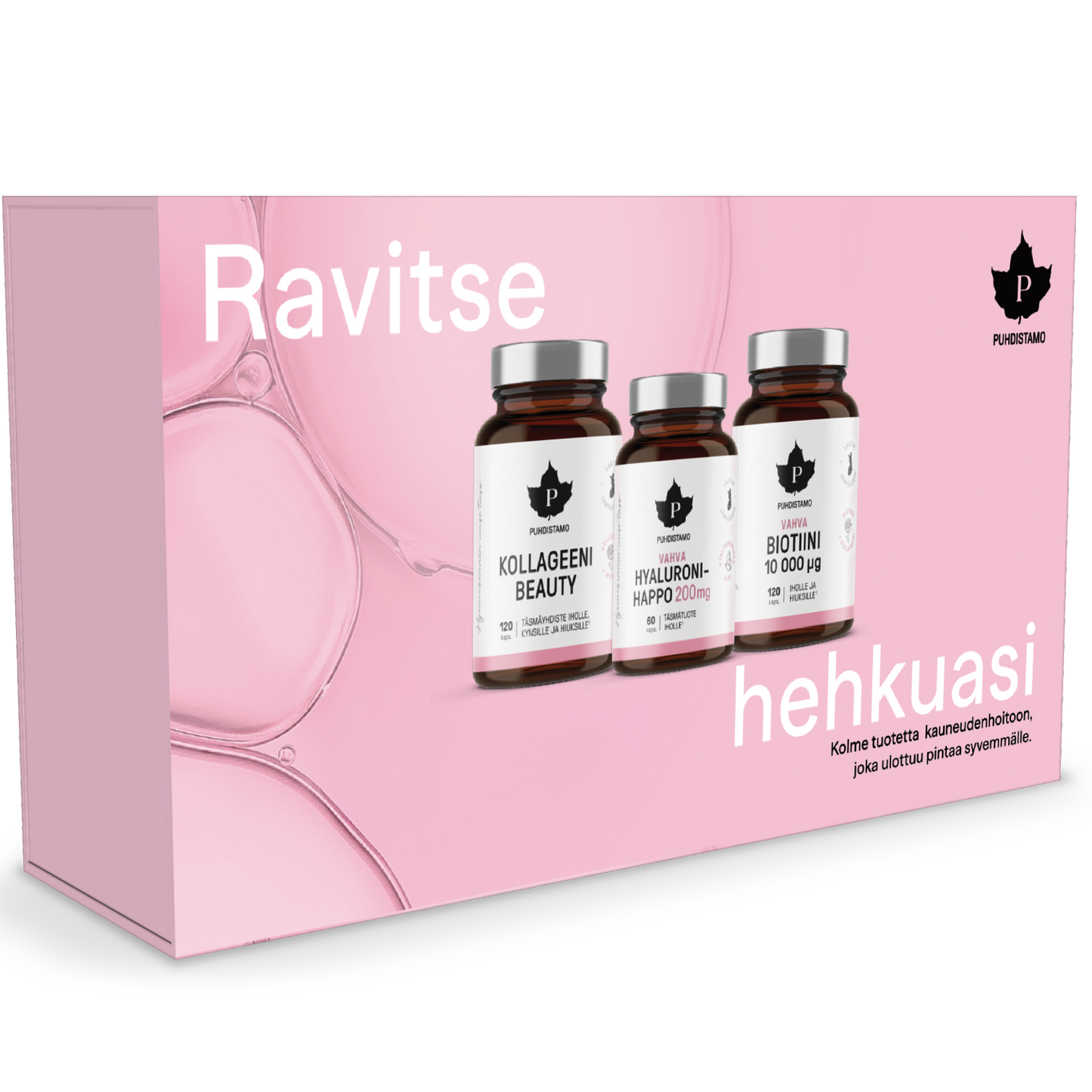 Puhdistamo Beauty Box; vaaleanpunainen mattapintainen laatikko sisältää kolme lieriömäistä muovista ravintolisäpulloa nimillä Kollageeni Beauty, Hyaluronihappo ja Biotiini; etiketeissä selkeää groteskityypografiaa; suuri lihavoitu suomenkielinen teksti Ravitsee hehkuasi kulkee laatikon etuosan poikki; hyvin valaistu kuva neutraalilla taustalla, ei ihmisiä tai käsiä.