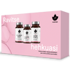 Puhdistamo Beauty Box; vaaleanpunainen suorakaiteen muotoinen laatikko esittää kolme lieriömäistä valkoista muovista ravintolisäpulloa mattaetiketein; jokaisessa pullossa oma aksenttivärinsä: vaaleanpunainen, sininen tai keltainen; etiketeissä nimet Kollageeni Beauty, Hyaluronihappo ja Biotiini lihavoidulla groteskifontilla Puhdistamo-brändin ja lehtilogon vieressä; kaikki näkyvä teksti suomeksi; ei ihmisiä tai käsiä.