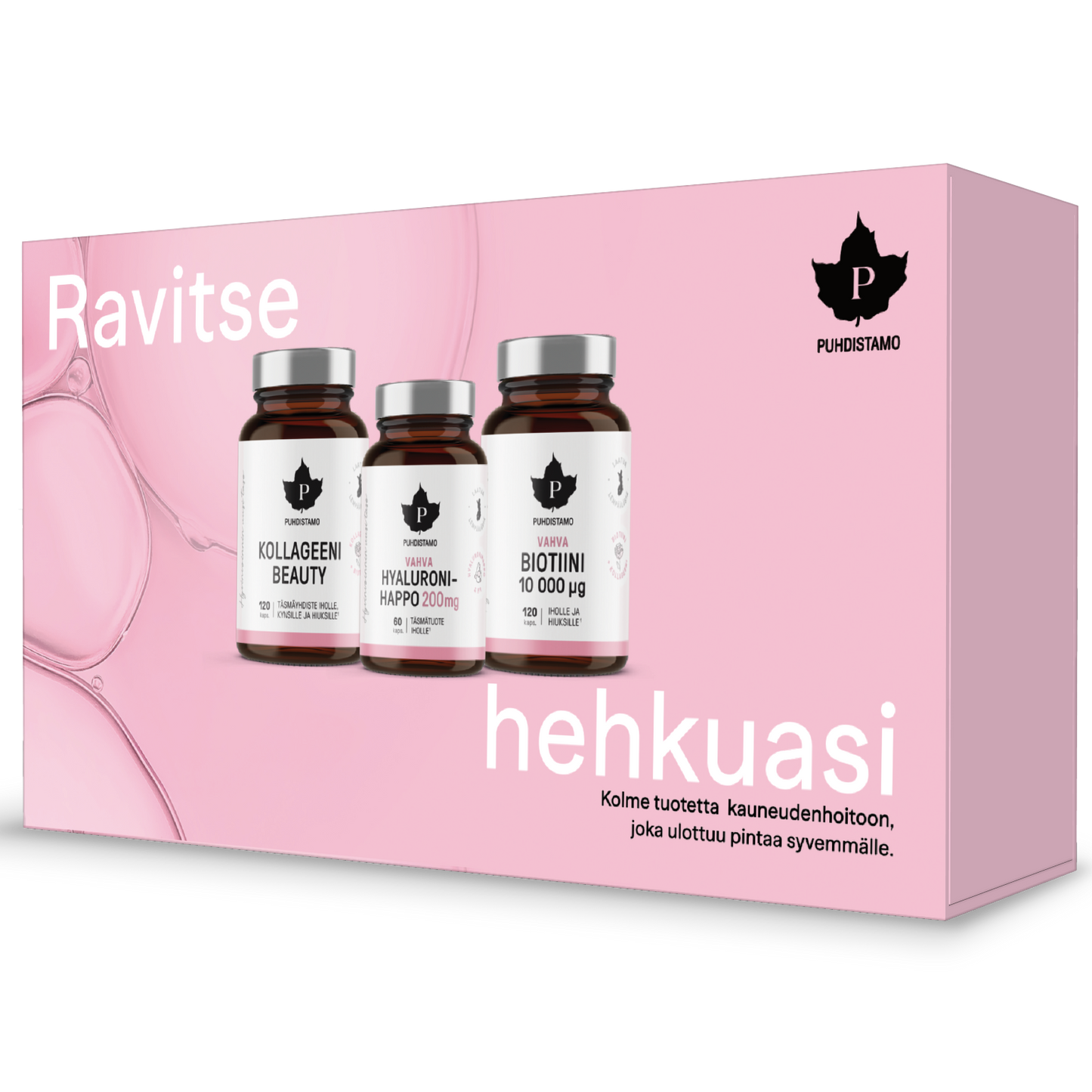 Puhdistamo Beauty Box; vaaleanpunainen suorakaiteen muotoinen laatikko esittää kolme lieriömäistä valkoista muovista ravintolisäpulloa mattaetiketein; jokaisessa pullossa oma aksenttivärinsä: vaaleanpunainen, sininen tai keltainen; etiketeissä nimet Kollageeni Beauty, Hyaluronihappo ja Biotiini lihavoidulla groteskifontilla Puhdistamo-brändin ja lehtilogon vieressä; kaikki näkyvä teksti suomeksi; ei ihmisiä tai käsiä.