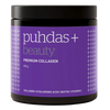 Puhdas+ Beauty Premium Collagen -purkki, 250 g; violetti etiketti muovipurkissa; purkki sylinterimäinen, valkoinen kierrekansi mattapinnalla; etiketissä yksinkertaista valkoista ja mustaa tekstausvapaata tekstiä, joka kuvailee kollageenia, hyaluronihappoa, biotiinia ja C-vitamiinia; tausta valkoinen, ei ihmisiä tai käsiä näkyvissä.