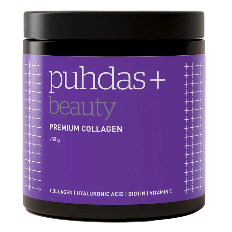 Puhdas+ Beauty Premium Collagen -purkki, 250 g; violetti etiketti muovipurkissa; purkki sylinterimäinen, valkoinen kierrekansi mattapinnalla; etiketissä yksinkertaista valkoista ja mustaa tekstausvapaata tekstiä, joka kuvailee kollageenia, hyaluronihappoa, biotiinia ja C-vitamiinia; tausta valkoinen, ei ihmisiä tai käsiä näkyvissä.
