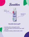 Berry OMG Calming Sensitive Shampoo; koiranshampoopullo keskitettynä violetille taustalle; pullo lieriömäinen, valkoinen runko ja sininen korkki, mattapinta; suomenkielinen teksti yksinkertaisella groteskifontilla, pääetiketissä sanat Sensitive Shampoo sekä pehmeitä aaltoja tai lehtiä muistuttavia grafiikoita; ei ihmisiä tai toimintaa kuvassa.