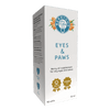 Berry OMG Eyes & Paws nestemäinen: valkoinen suorakulmainen kartonkirasia mattapinnalla, sisältää BerryOmo Eyes & Paws -marjaöljylisäravinnetta, 50 ml; etuosassa logo yläreunassa ja selkeä groteskiteksti, joka listaa antioksidantit ja E-vitamiinin; ei ihmisiä tai käsiä näkyvissä, neutraali tausta pehmeällä valaistuksella.