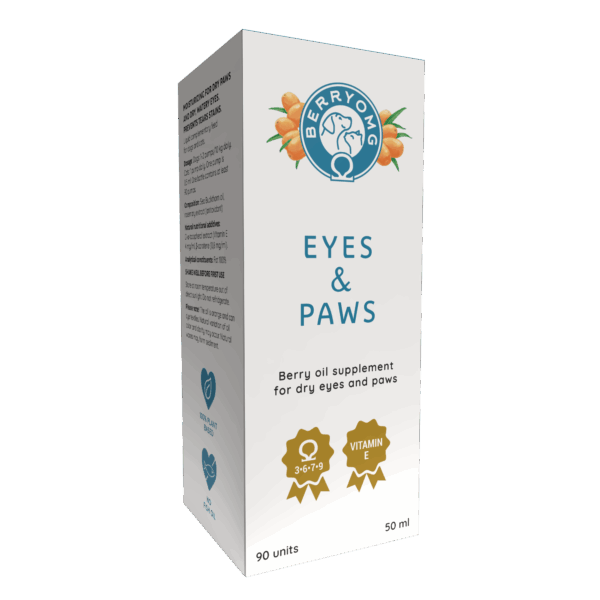 Berry OMG Eyes & Paws nestemäinen: valkoinen suorakulmainen kartonkirasia mattapinnalla, sisältää BerryOmo Eyes & Paws -marjaöljylisäravinnetta, 50 ml; etuosassa logo yläreunassa ja selkeä groteskiteksti, joka listaa antioksidantit ja E-vitamiinin; ei ihmisiä tai käsiä näkyvissä, neutraali tausta pehmeällä valaistuksella.