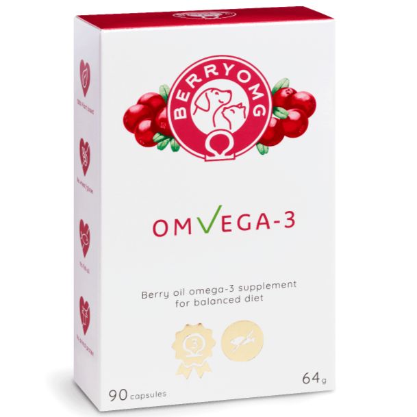 White box of Berrymg OMVEGA-3 with berry oil omega-3 supplement for a balanced diet, 90 capsules, 64g. Rectangular box with matte finish. The front displays red berry graphics and a logo showing a dog and cat. Main text is in bold sans-serif font. Background is plain white, no people or hands visible. Straight-on product shot.